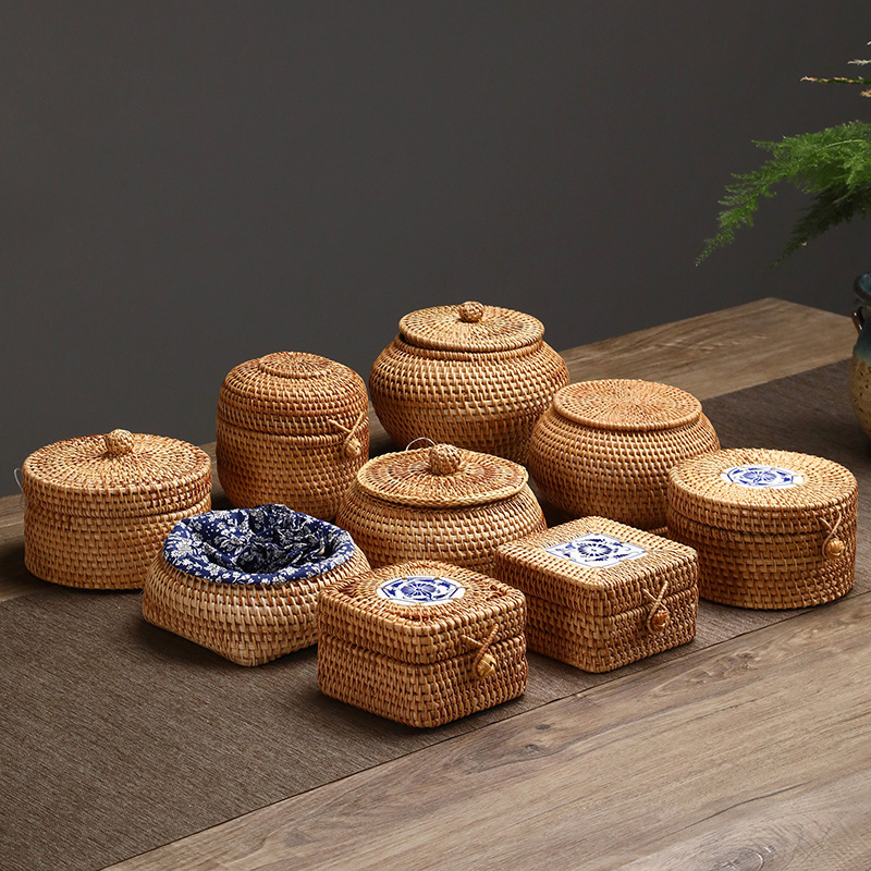 Kitchen Gadgets In Japan - Handgewebte Rattan-Aufbewahrungsbox mit Deckel, Süßigkeiten-Snack-Glas, Tee-