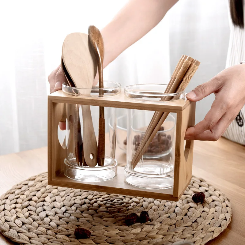 Kitchen Gadgets In Japan - Utensilien-Behälter Glas-Küchenbesteck-Aufbewahrungsröhre mit Bambusgestell Küchenhelfer-Organizer Box