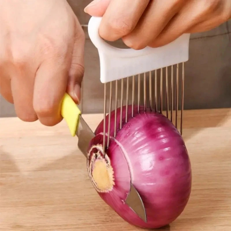 Kitchen Gadgets Cutting Tools - Edelstahl Zwiebelschneider Halter Lebensmittel Aufschnittmaschinen Assistent